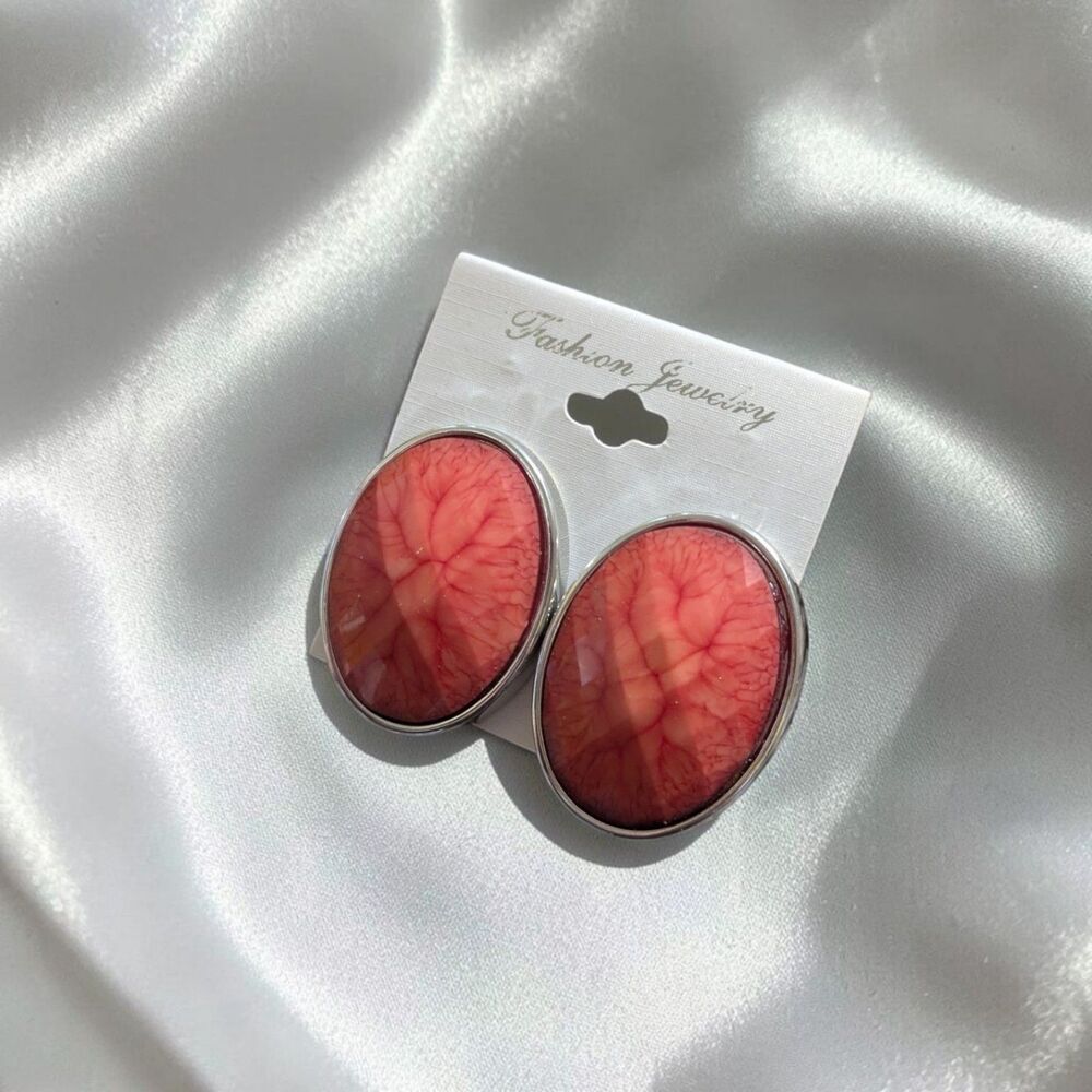 Coral Pink Oval Clip On Earrings, Marbled Cabochon, Retro Boho Jewelry